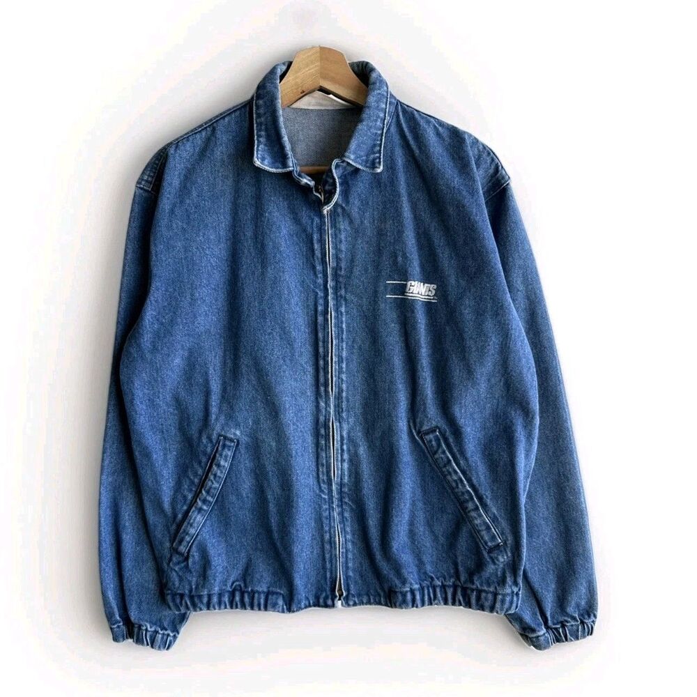 Vintage 1980s NY Giants Blue Denim Full Zip Bomber Jacket Size Medium Chalk Line